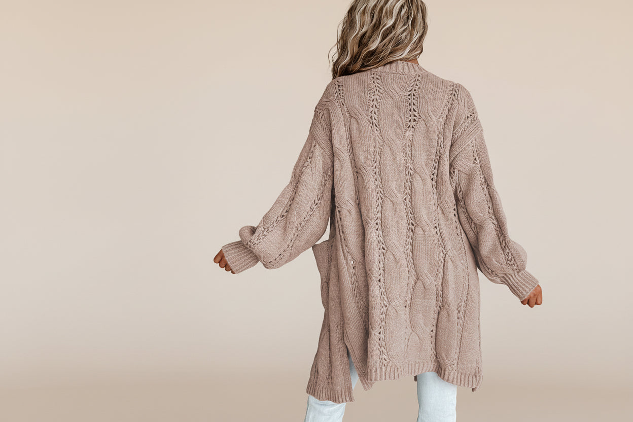Ribbed Trim Eyelet Cable Knit Cardigan — View 62