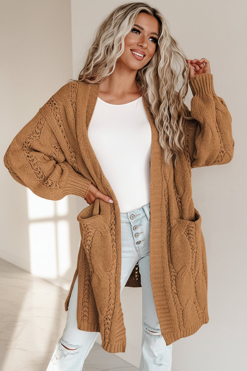 Ribbed Trim Eyelet Cable Knit Cardigan — View 44