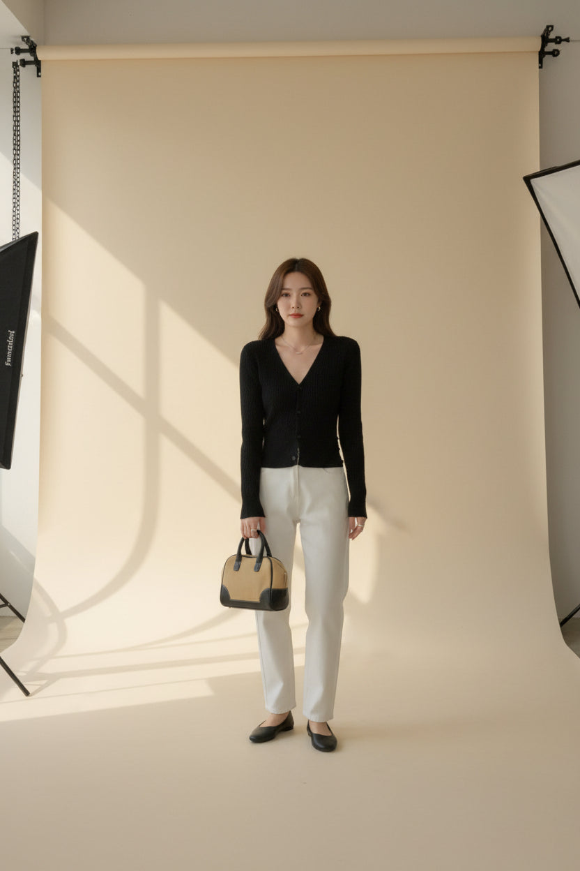 Cable Knit V-Neck Slim Cardigan — Detail View 5