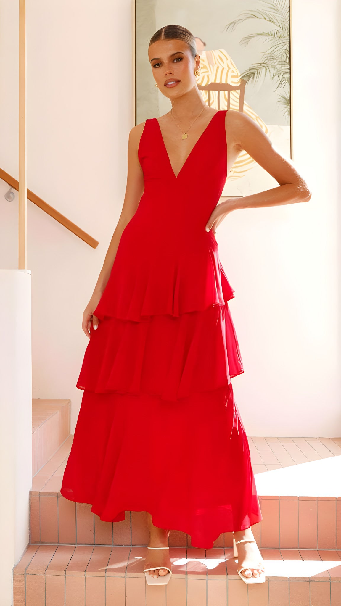 sleeveless V-neck dress #Color_Red
