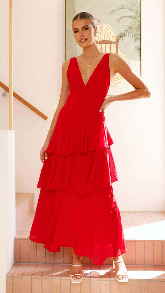 sleeveless V-neck dress #Color_Red