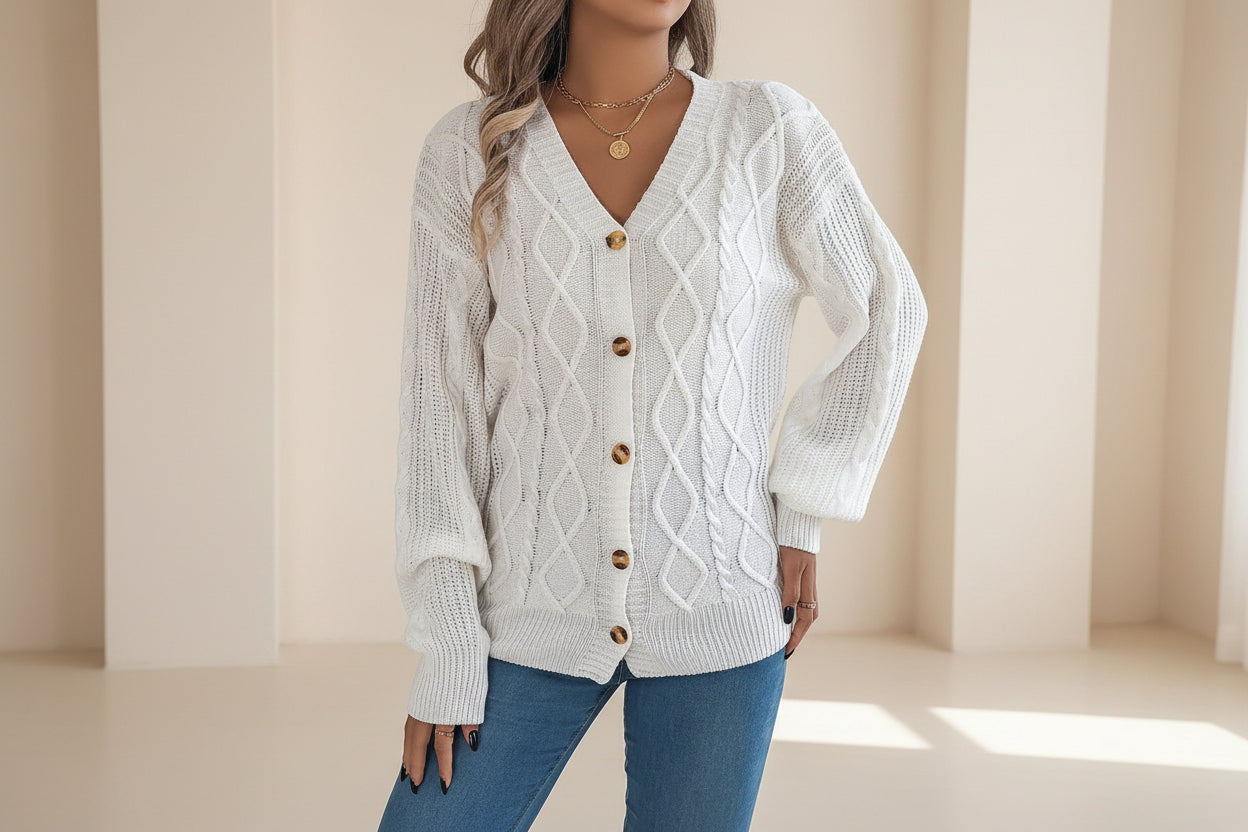 Cable-Knit Long Sleeve Cardigan — Detail View 10