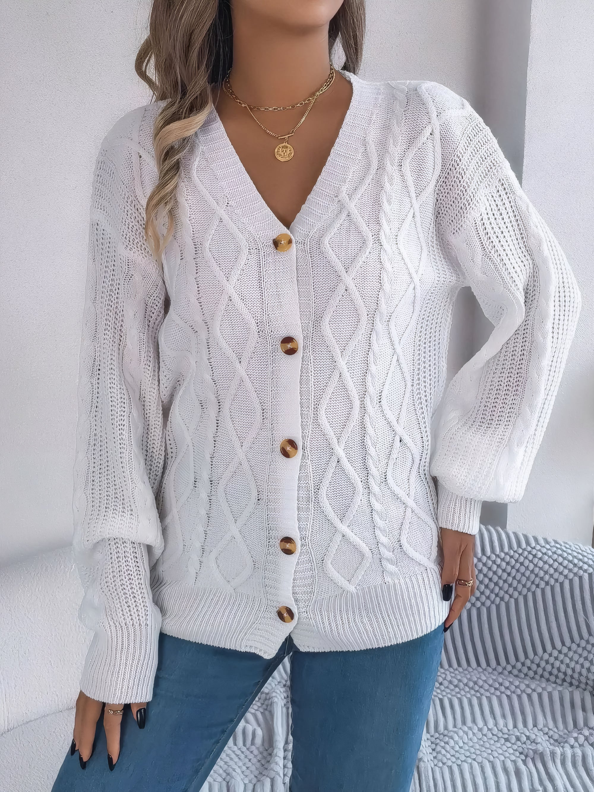cable-knit V-neck cardigan #Color_White