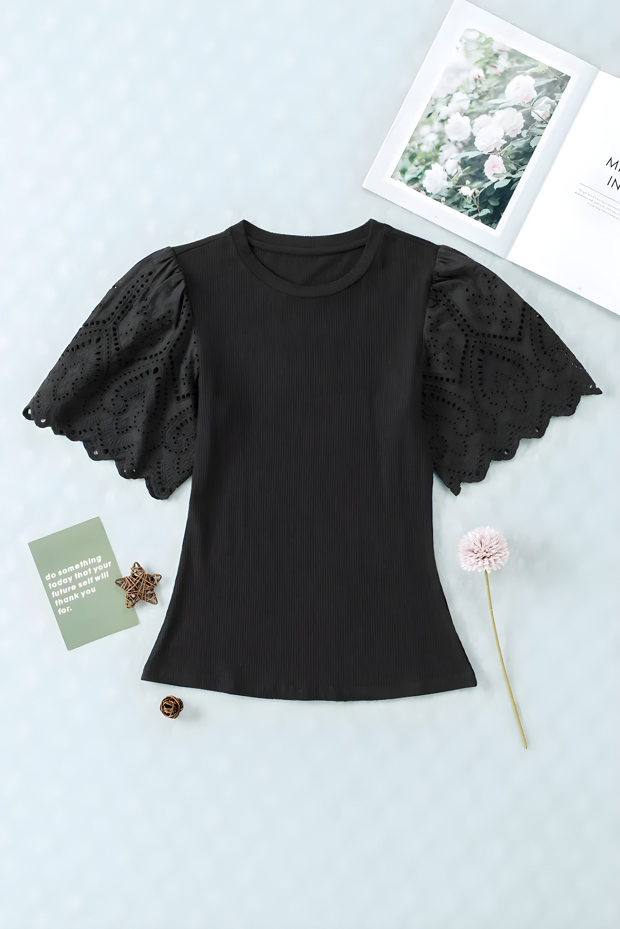 ELNOVÉ Aurélie Scalloped Eyelet Sleeve Ribbed Knit Top