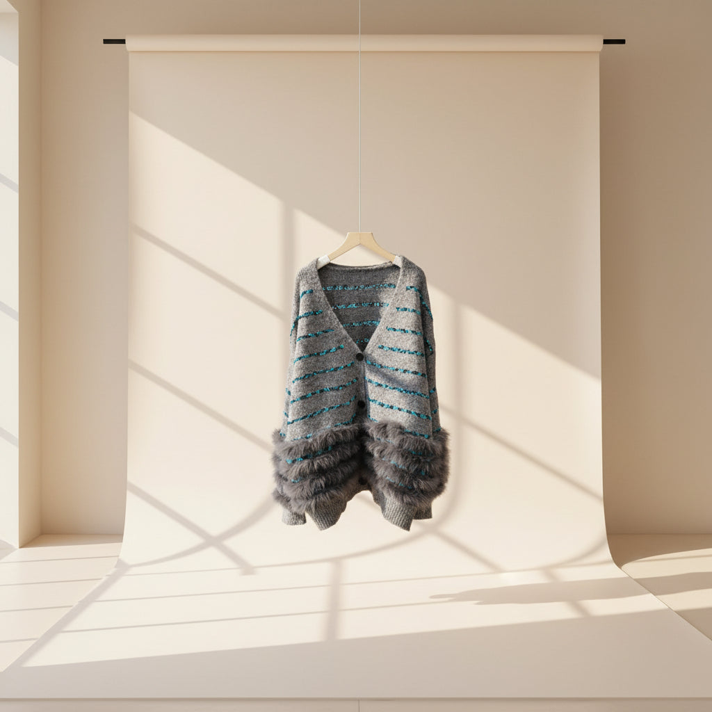 ELNOVÉ Fuzzy Striped Knit Cardigan