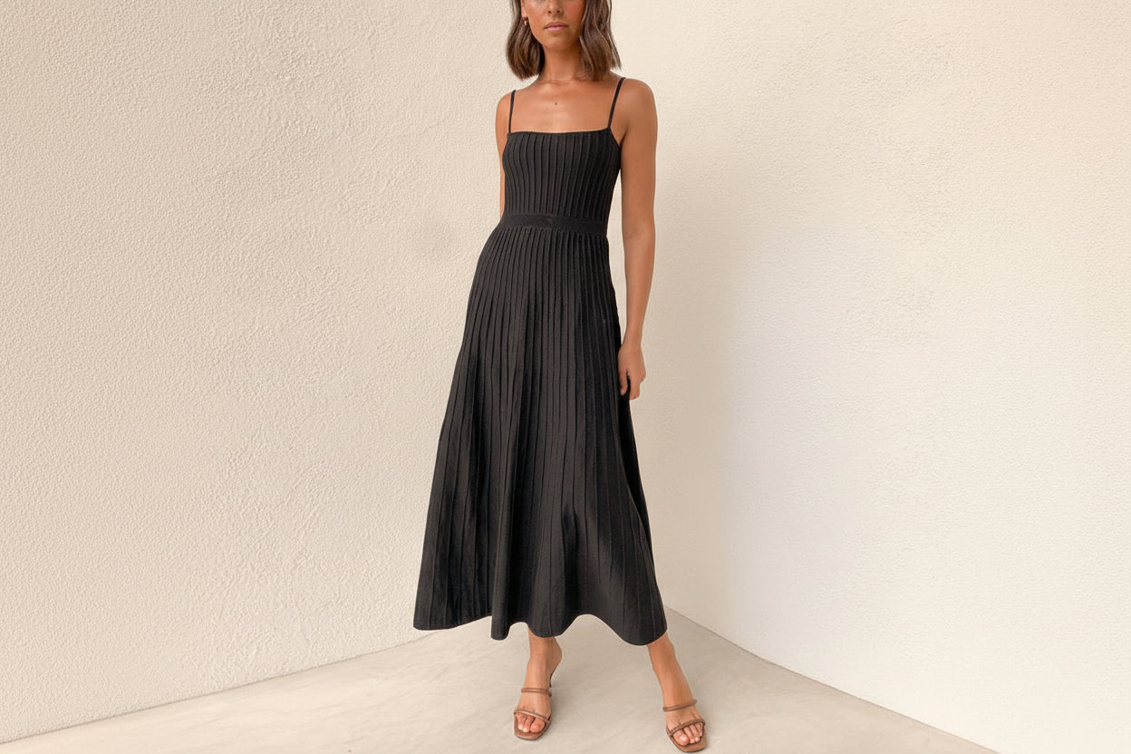 Solid Pleated Knit Slip Dress — close-up