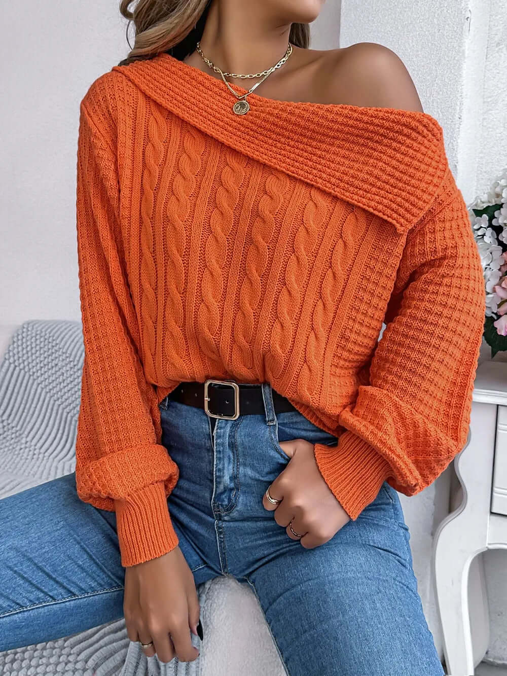 Amélie One-Shoulder Cable-Knit Sweater#Color_Orange