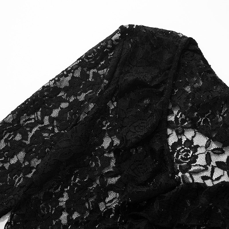 lace-spliced V-neck knit top