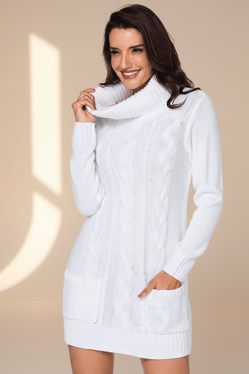 Olive Cowl Neck Cable Knit Sweater Dress — Detail View 10