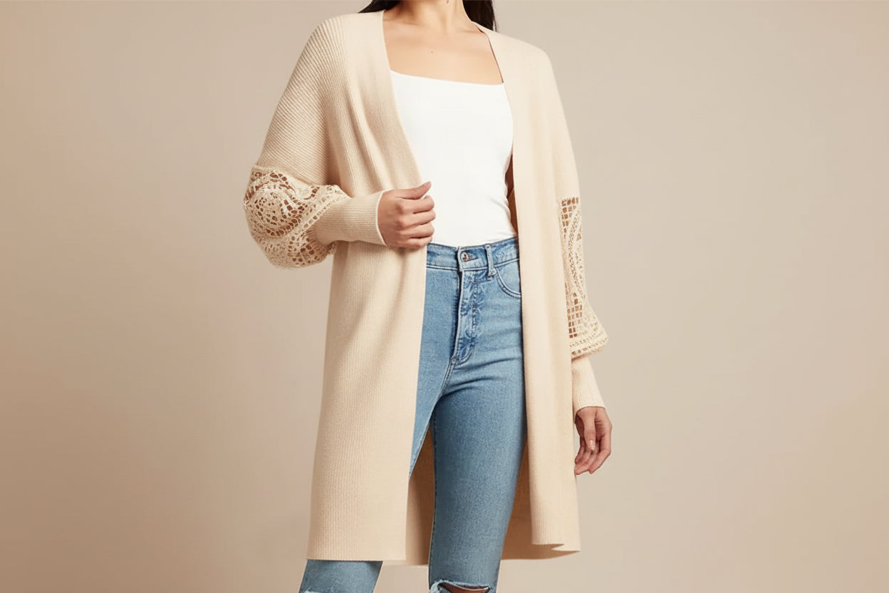 Black Lace Sleeve Ribbed Knit Cardigan — Detail View 2