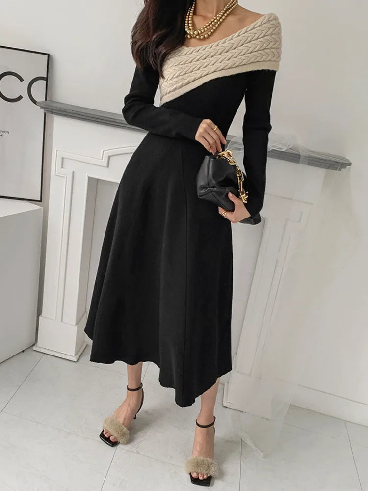 irregular-collar contrast knit dress