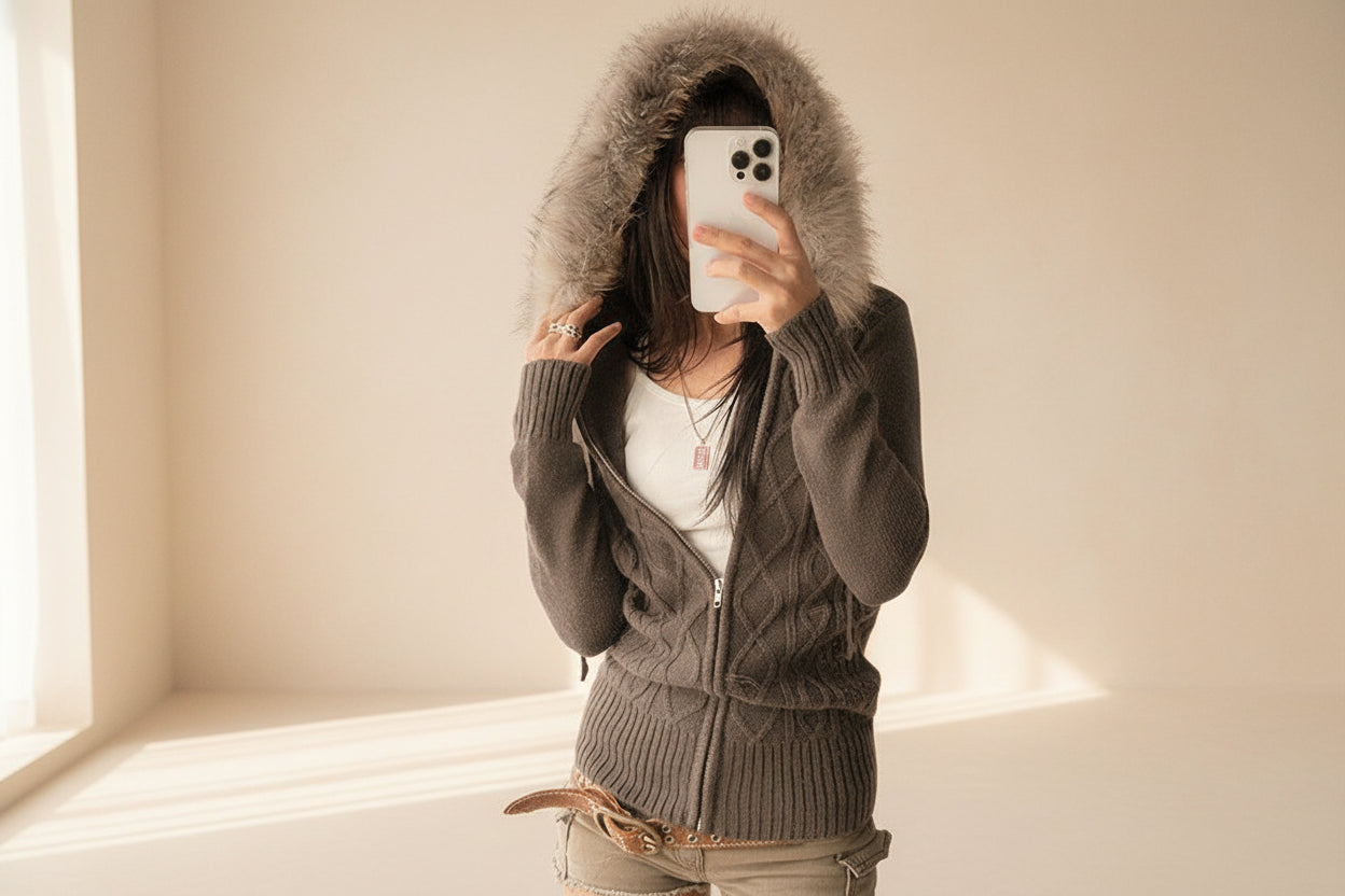 Fuzzy Hooded Cable Knit Zip Cardigan — View 6