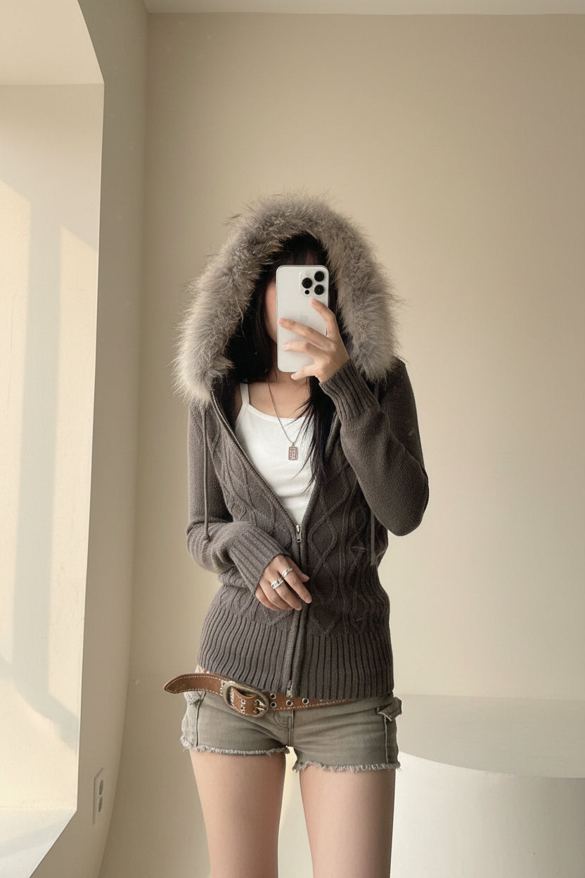 Fuzzy Hooded Cable Knit Zip Cardigan — View 4