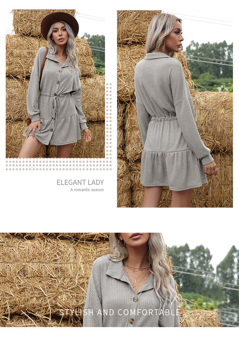 Odette Button-Front A-Line Knit Dress#Color_Gray