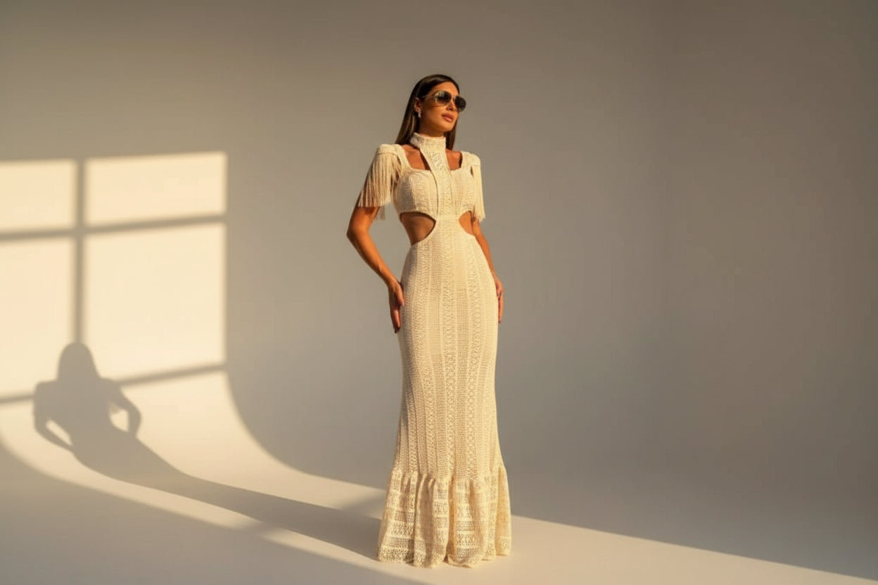 Tassel Sleeve Turtleneck Crochet Maxi Dress — back view
