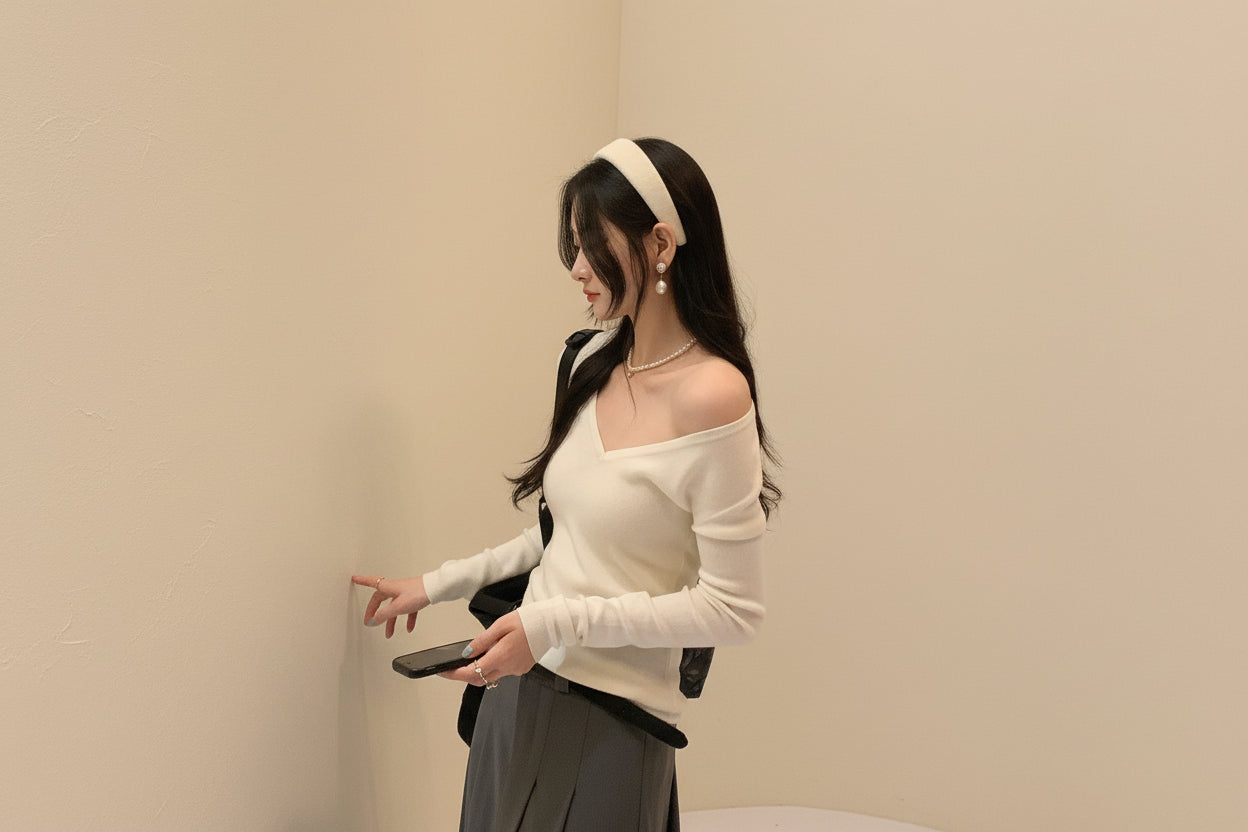 ELNOVÉ White V-Neck Slim Knit Sweater