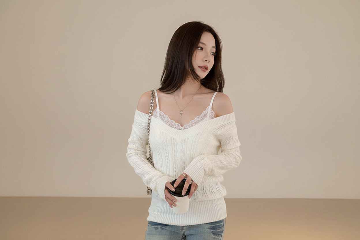 V-Neck Cable Knit Sweater — View 2