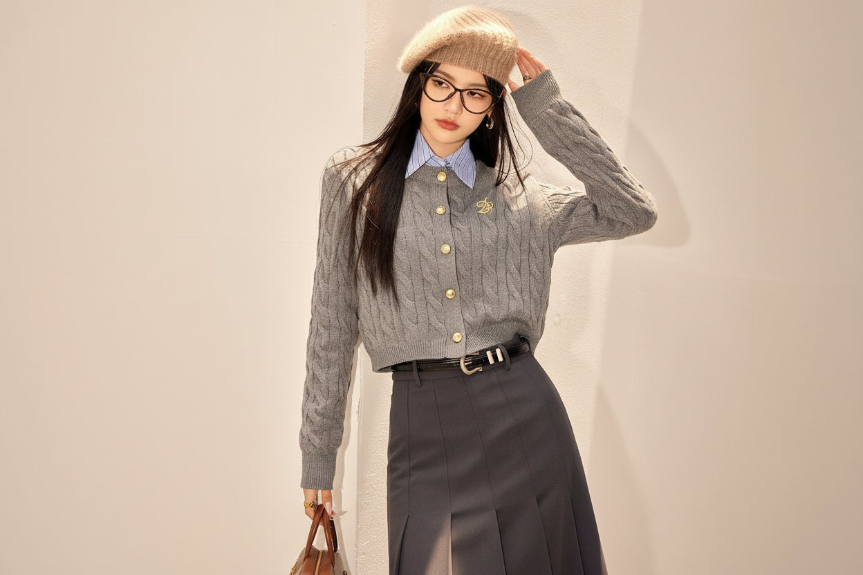 Gray Cable Knit Fitted Cardigan — View 3