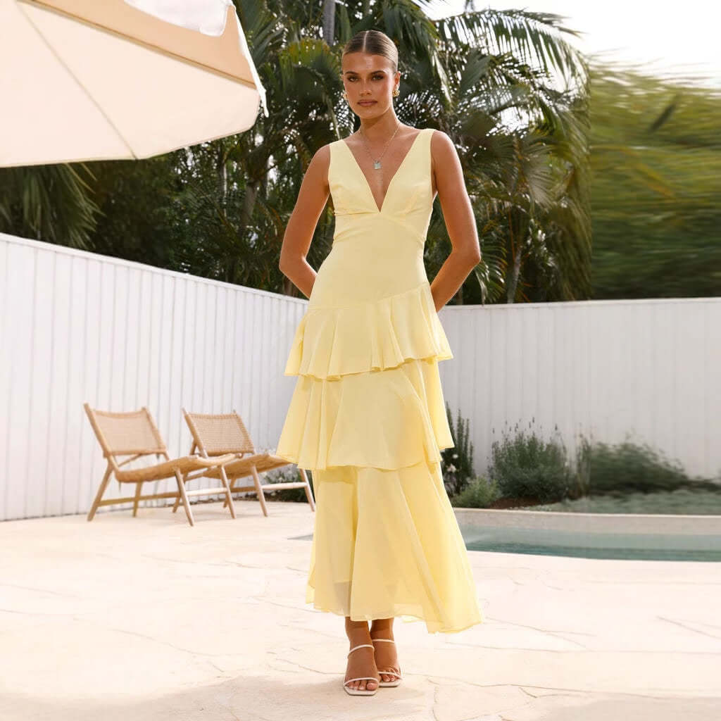 sleeveless V-neck dress #Color_Yellow