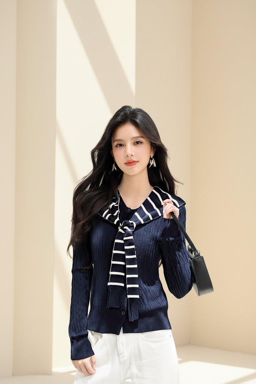 ELNOVÉ Navy Striped Knit Cardigan Set