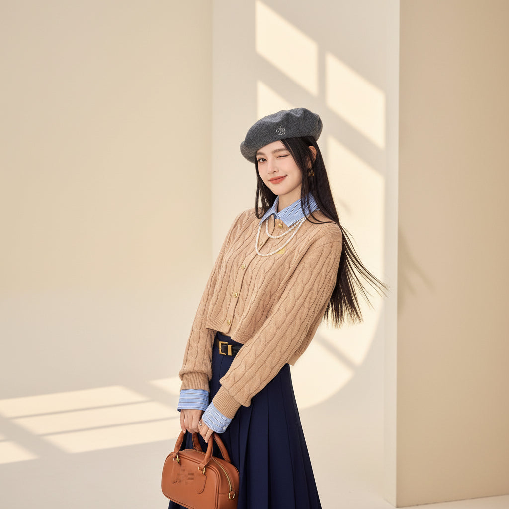 Gray Cable Knit Fitted Cardigan — View 4