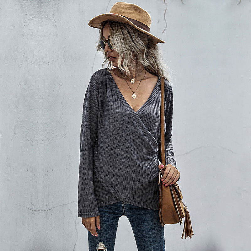 ELNOVÉ Giselle Waffle-Knit Surplice Long Sleeve Top