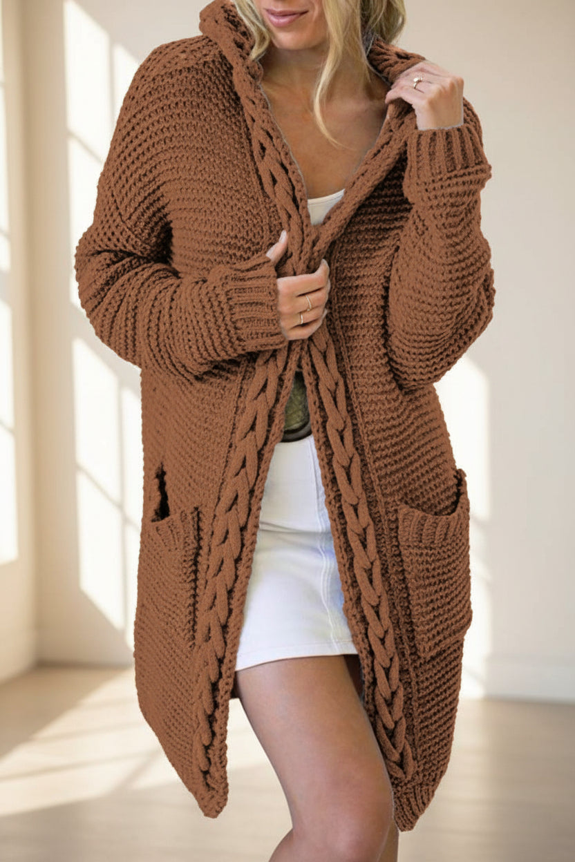 Hooded Cable Knit Colorblock Cardigan — Detail View 12