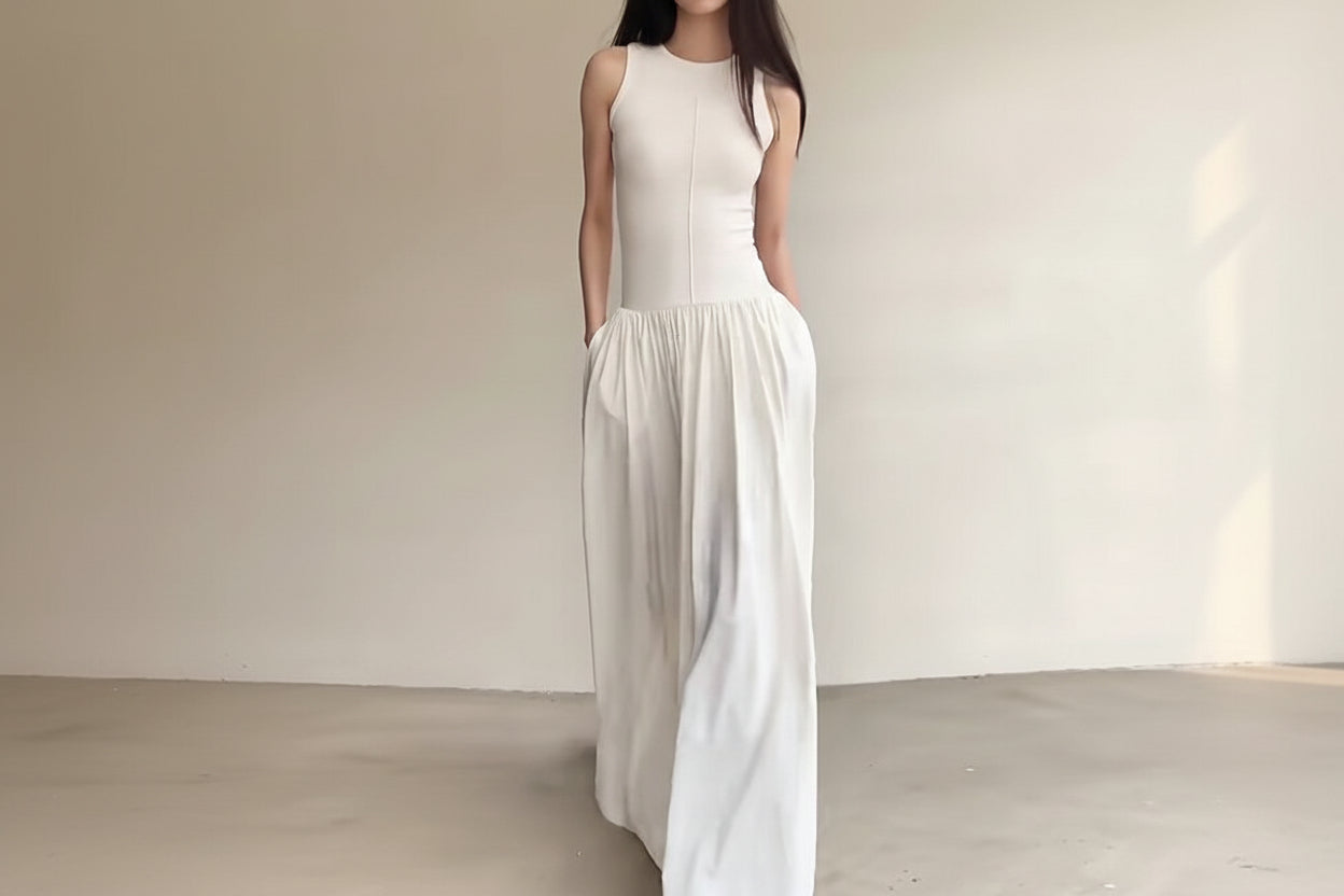 Minimalist Cotton Knit Patchwork Maxi Dress