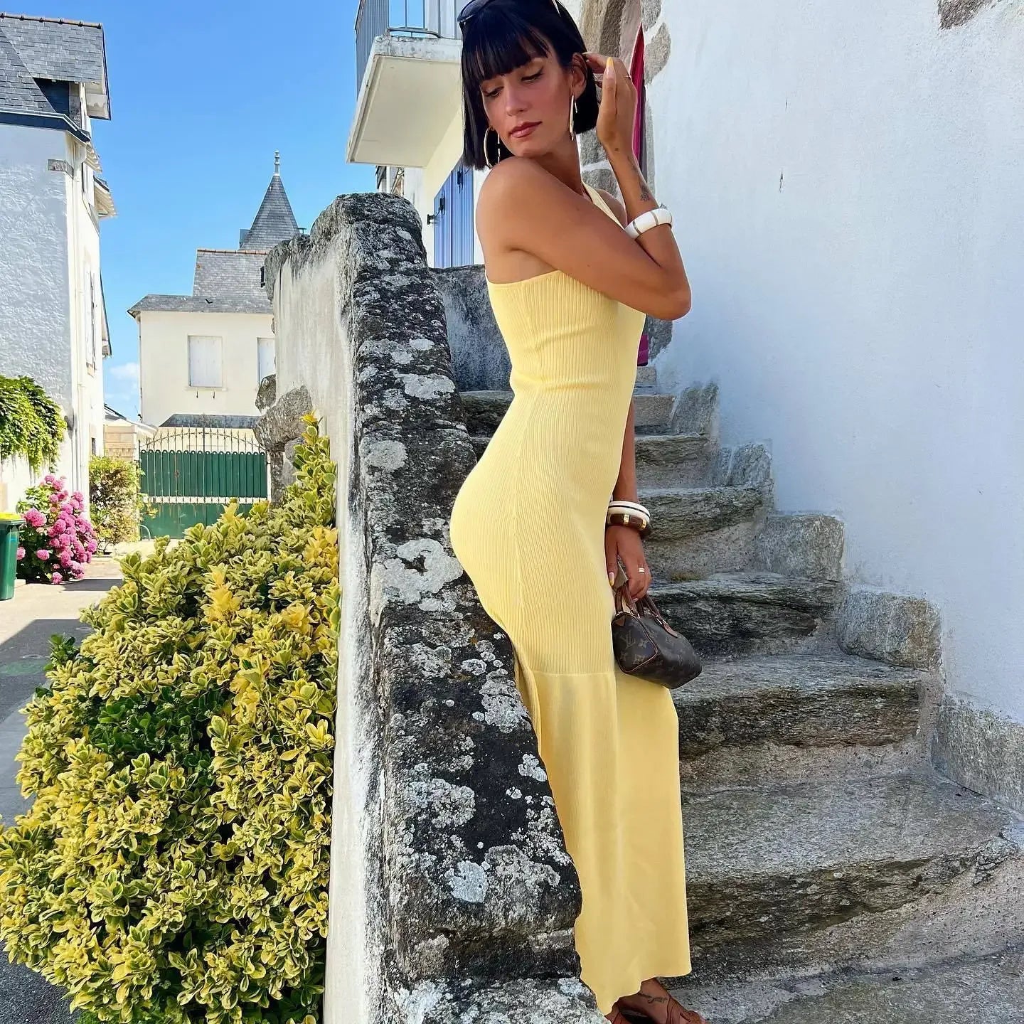 asymmetric sleeveless knit maxi dress