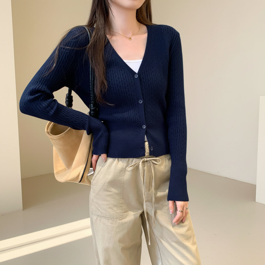 Cable Knit V-Neck Slim Cardigan — Front View