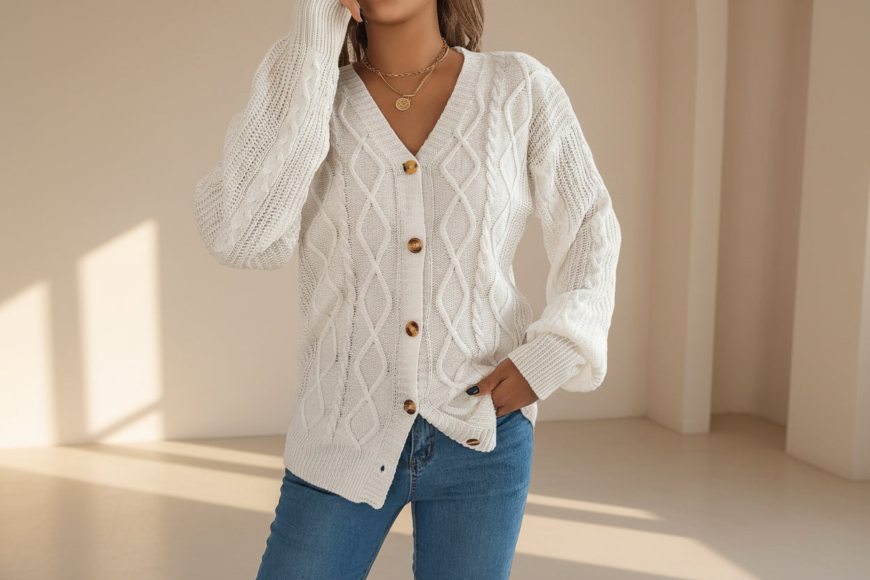 Cable-Knit Long Sleeve Cardigan — Detail View 12