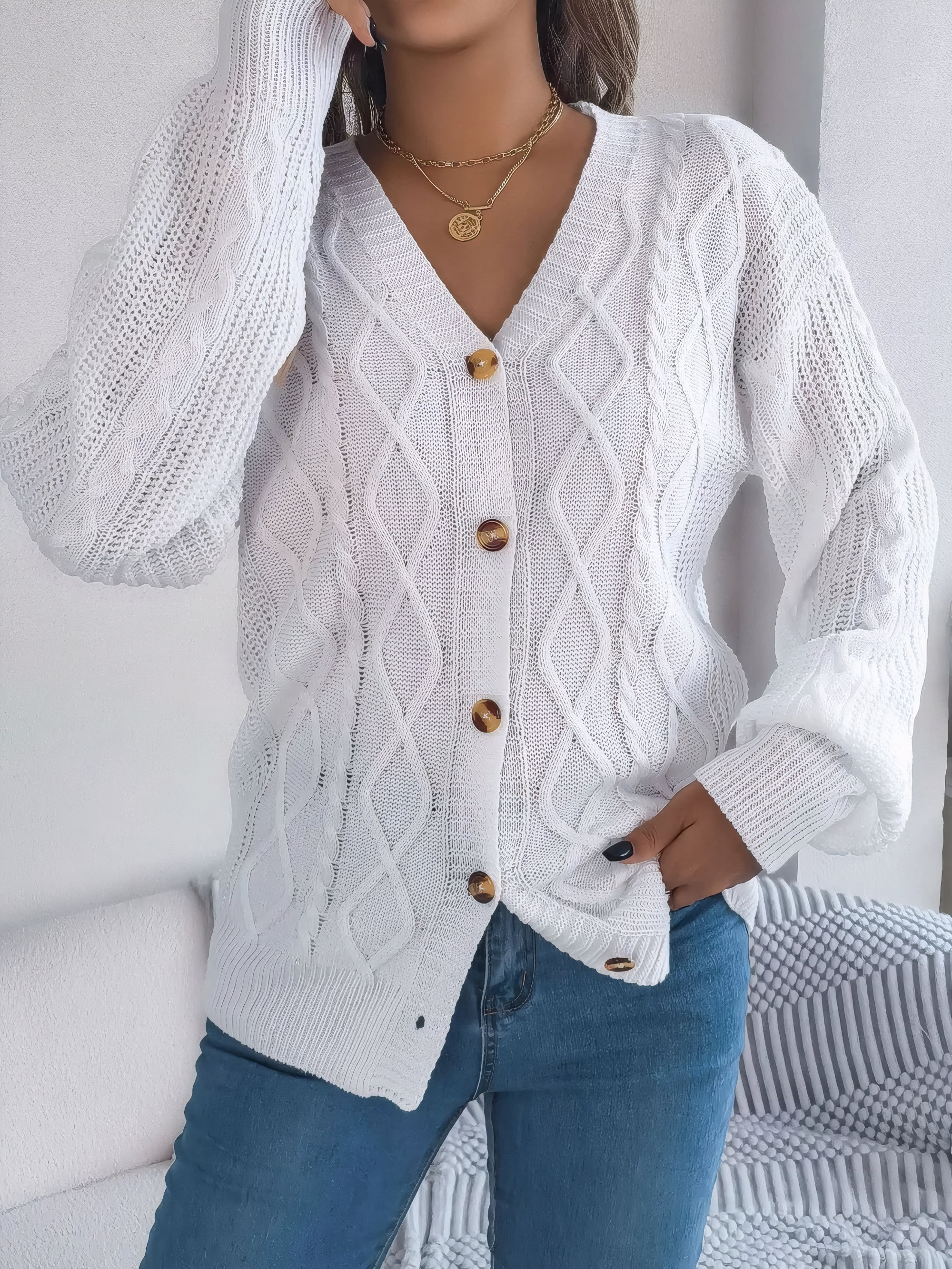 cable-knit V-neck cardigan #Color_White