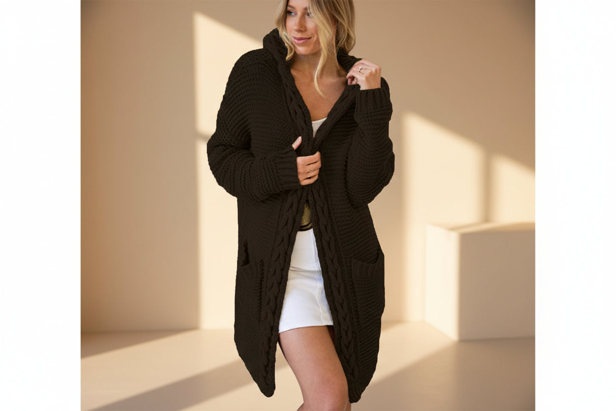 Hooded Cable Knit Colorblock Cardigan — Detail View 13