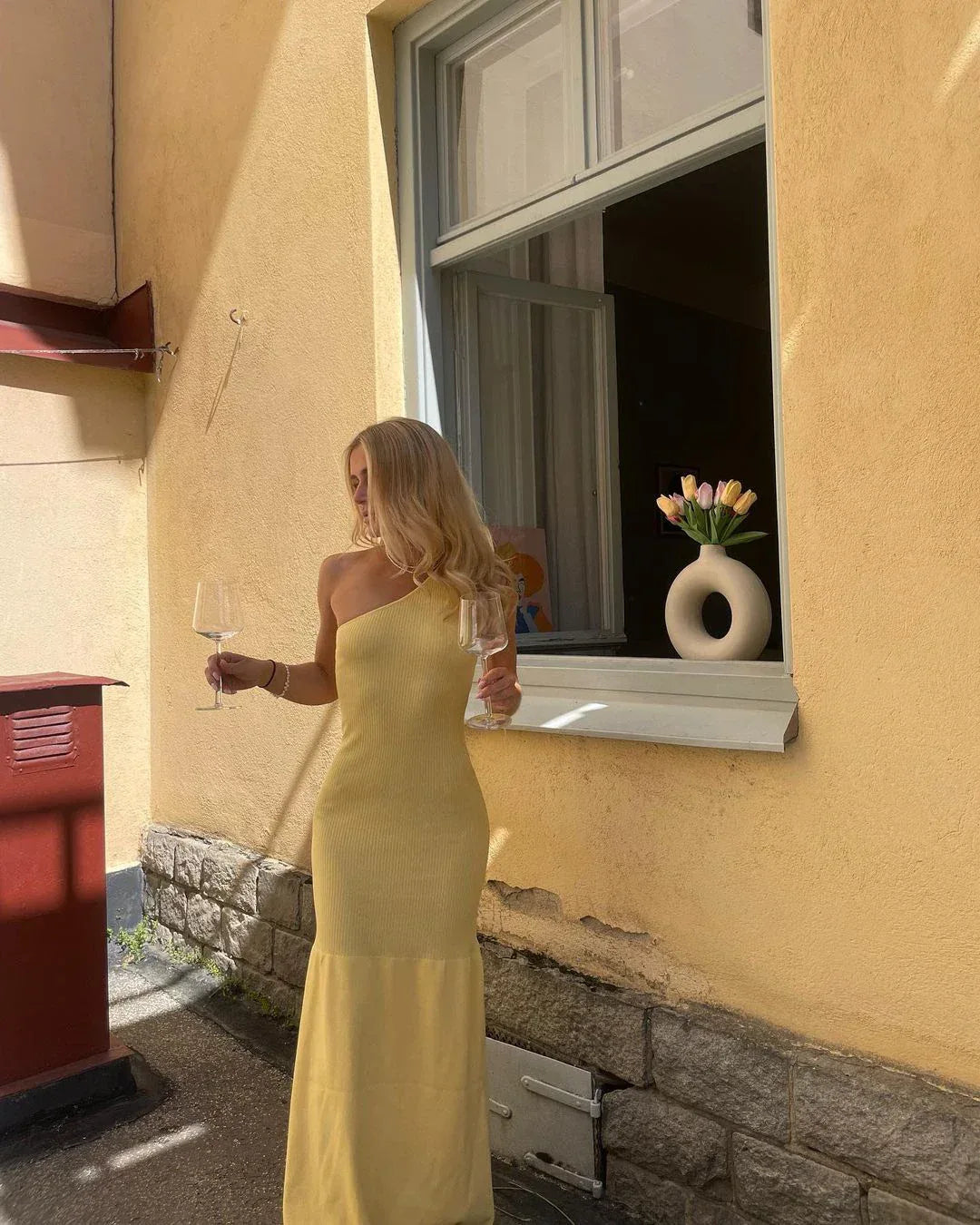 asymmetric sleeveless knit maxi dress