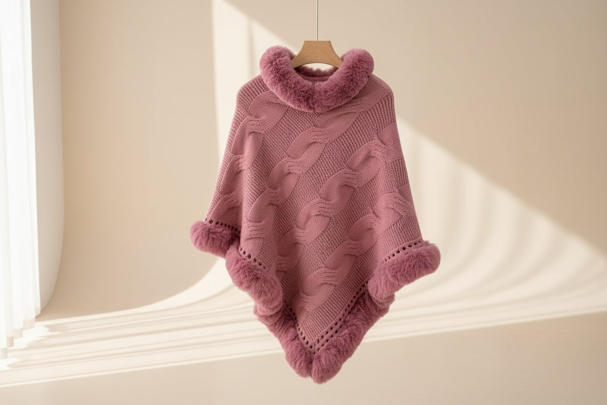 Fuzzy Hem Cable-Knit Poncho — Detail View 7