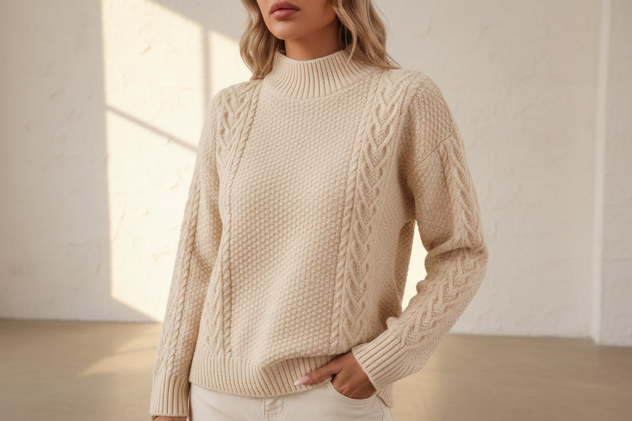 Cable-Knit Mock Neck Sweater — Back View