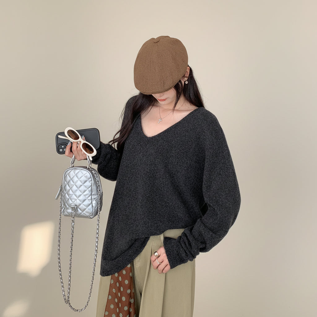 V-Neck Relaxed Knit Pullover — View 5