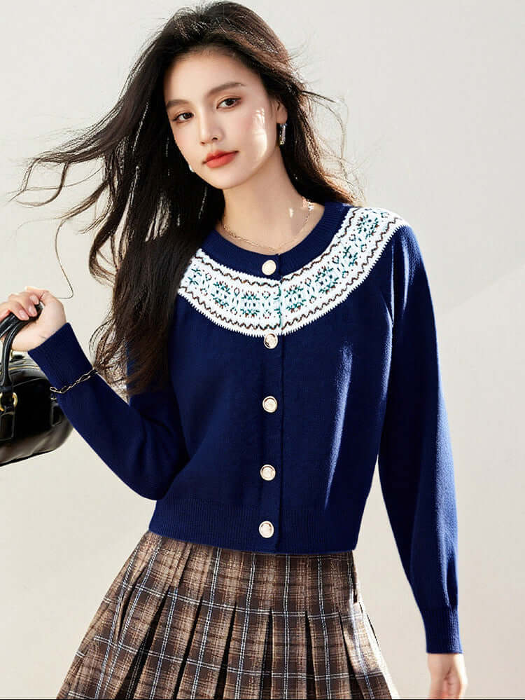 Inès Geometric Knit Cardigan #Color_Navy Blue