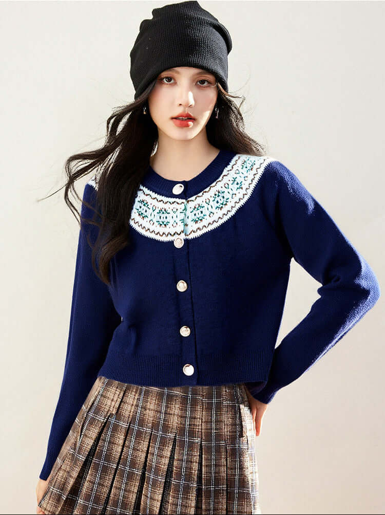 Inès Geometric Knit Cardigan #Color_Navy Blue