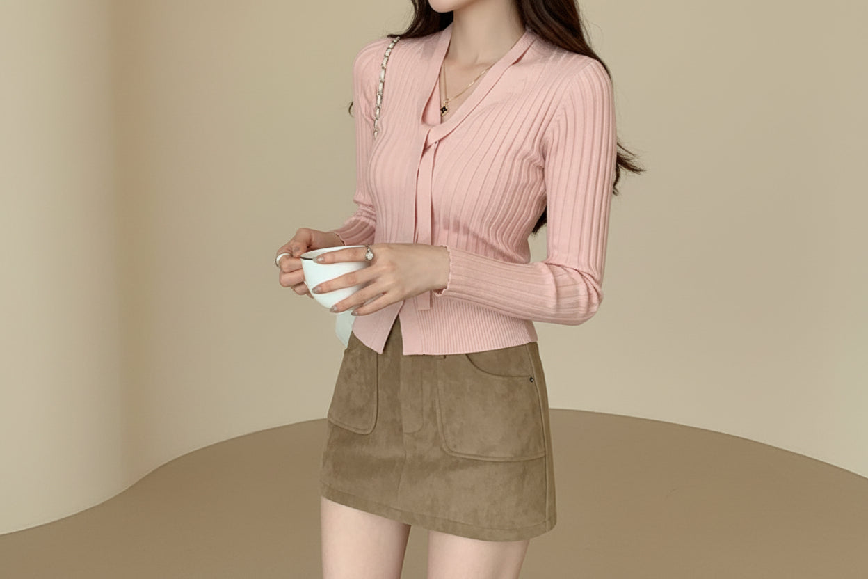 V-Neck Button Knit Top — Front View