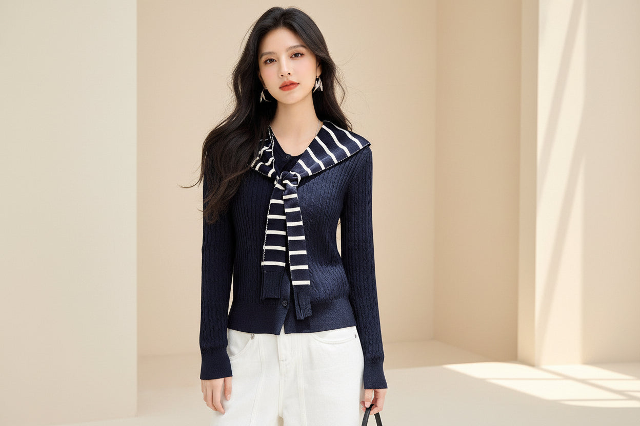 Navy Striped Knit Cardigan Set — View 4