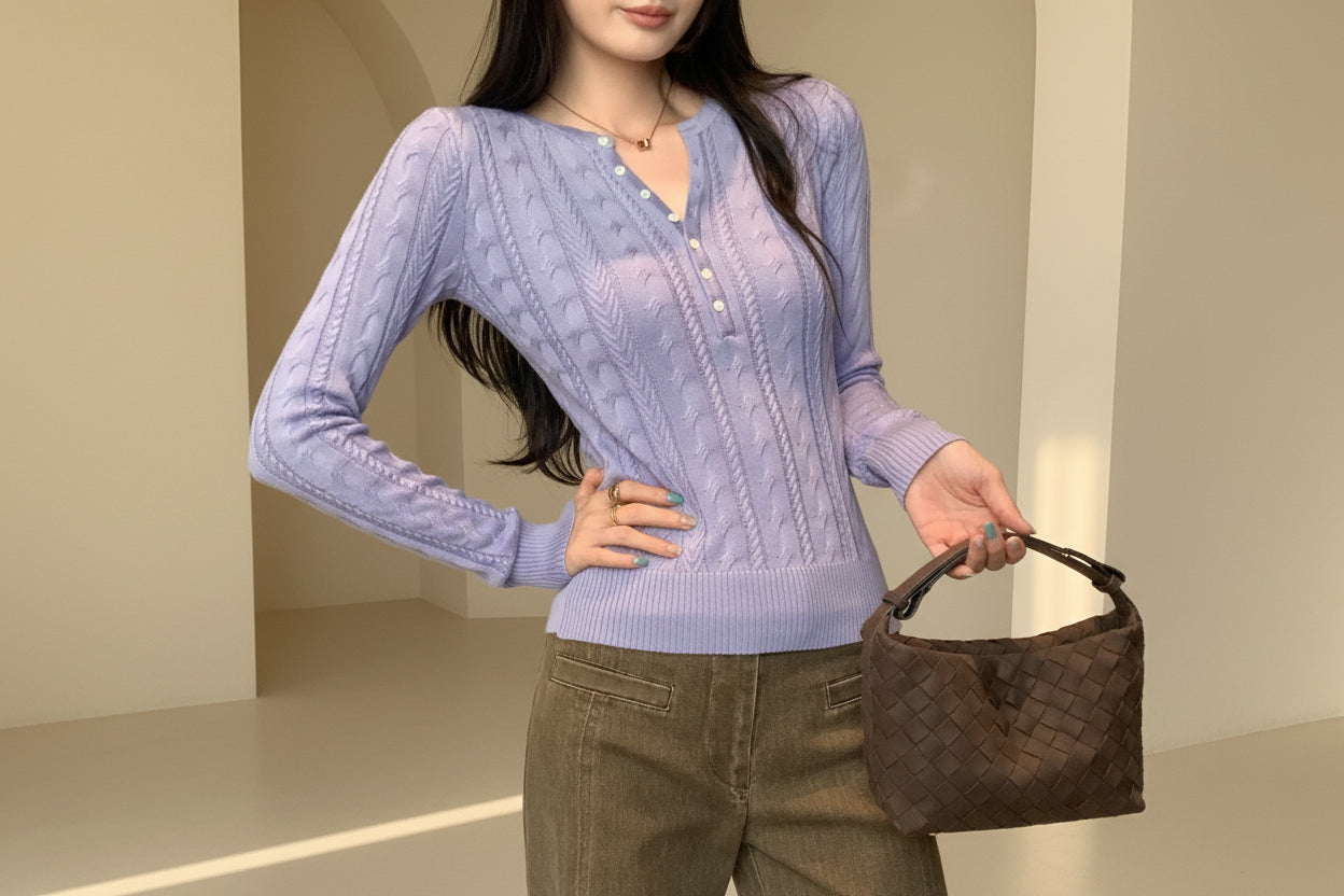 Half-Open Neck Cable Knit Sweater — View 6