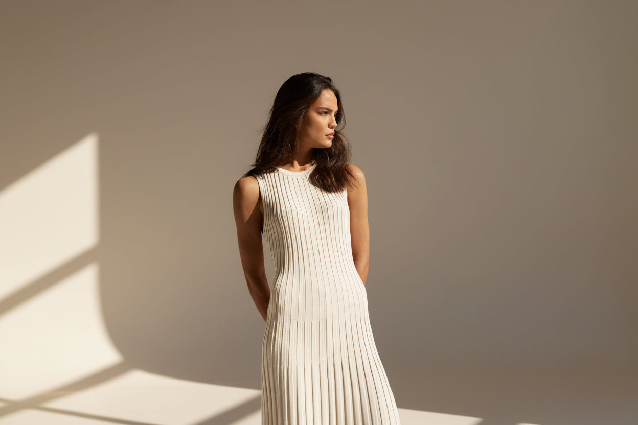 Pleated Ribbed Knit Tank Maxi Dress — detail view