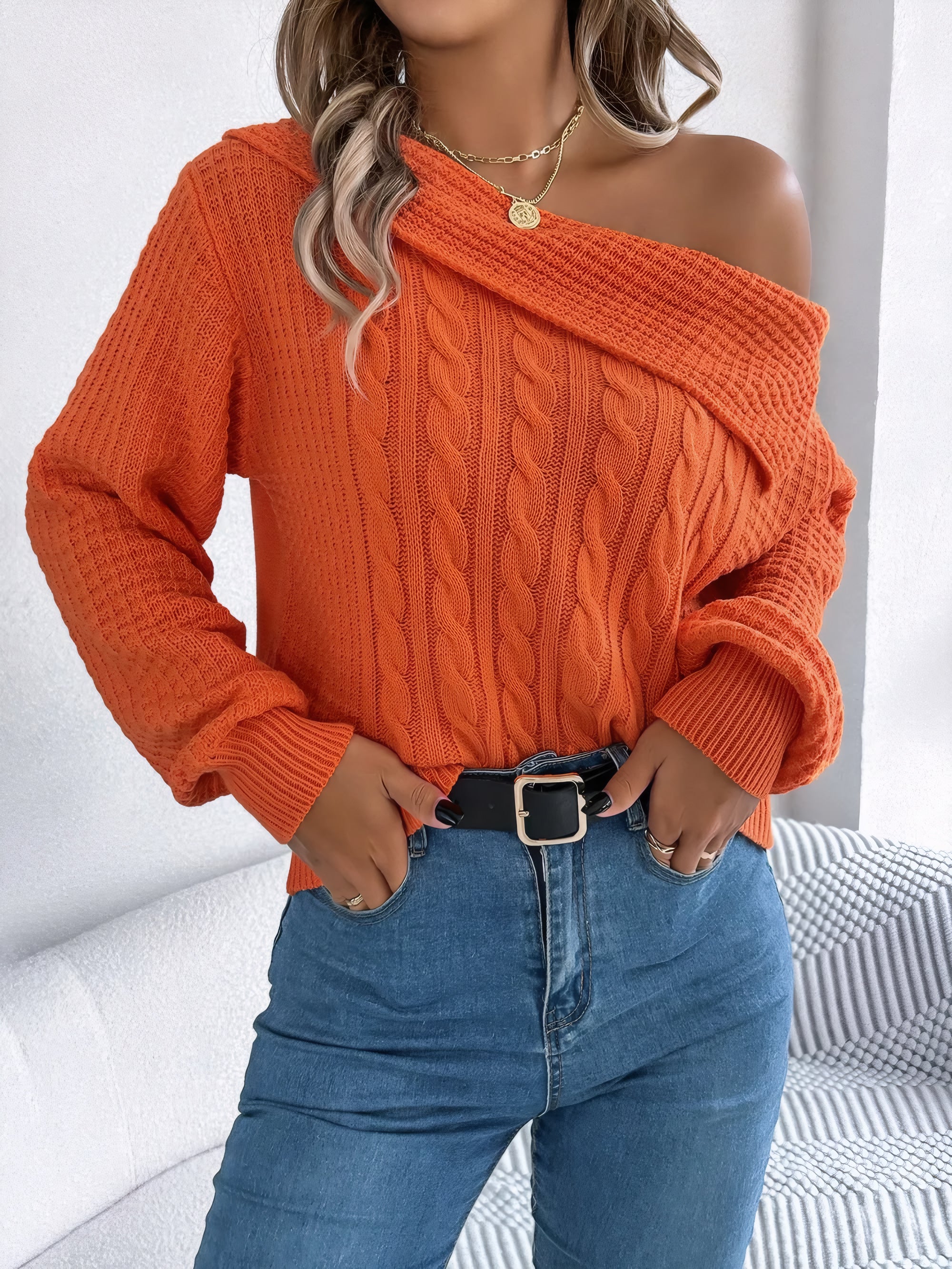 Amélie One-Shoulder Cable-Knit Sweater#Color_Orange