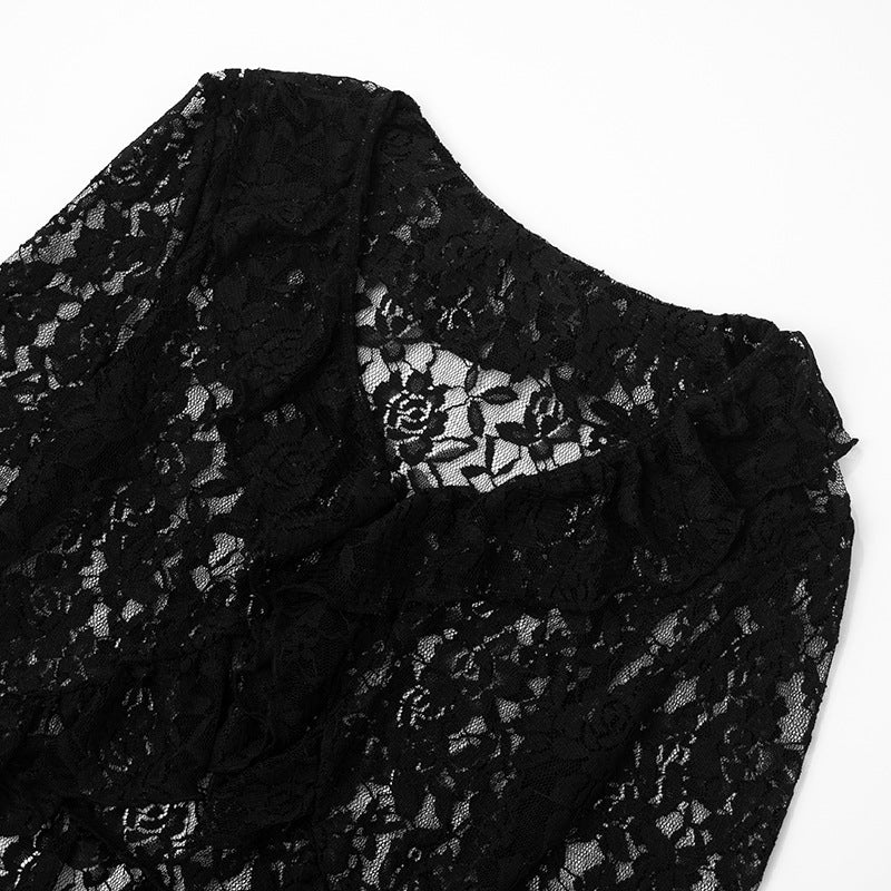 lace-spliced V-neck knit top