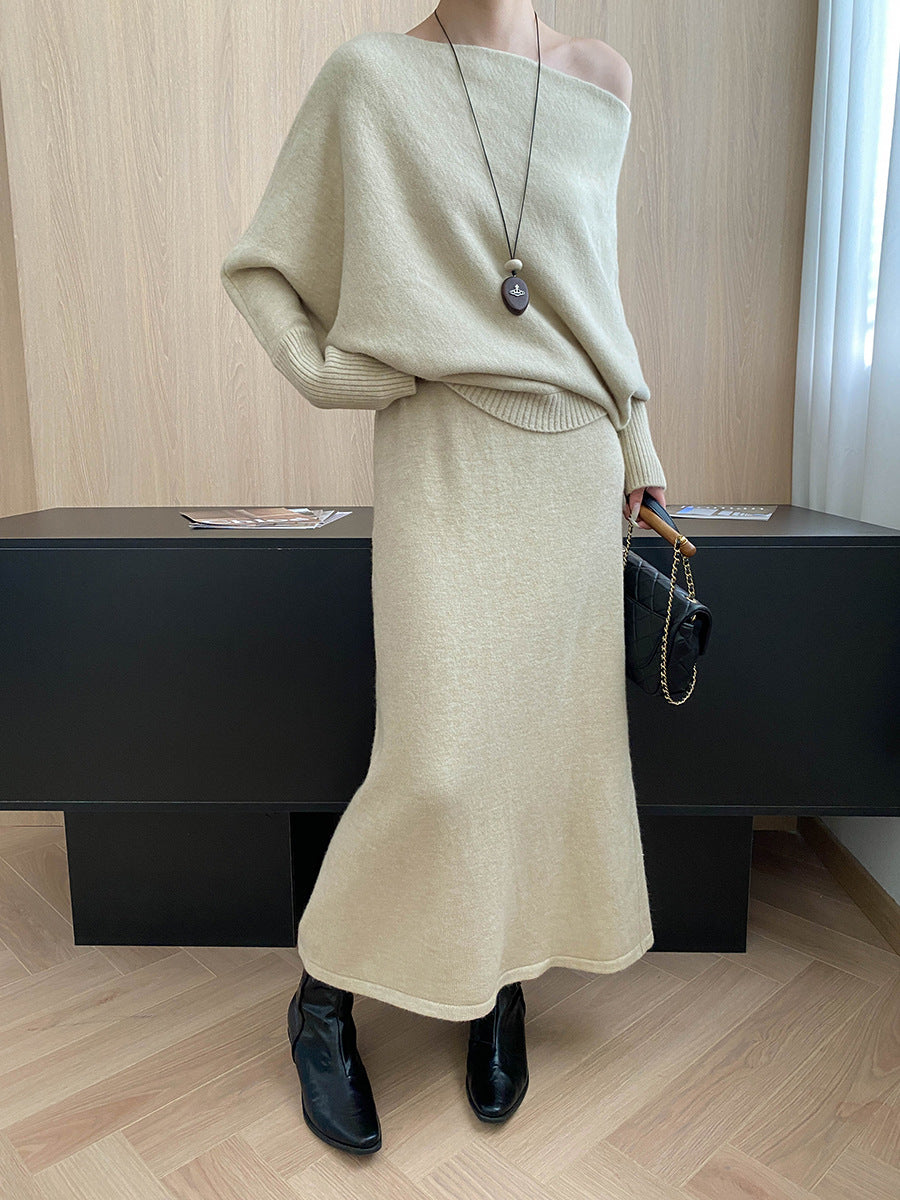 batwing off-shoulder knit two-piece set#Color_Apricot