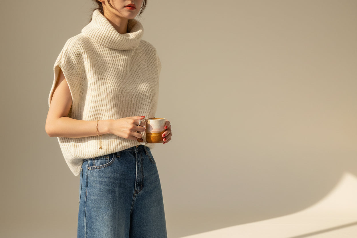 High Neck Ribbed Knit Vest — Close-Up