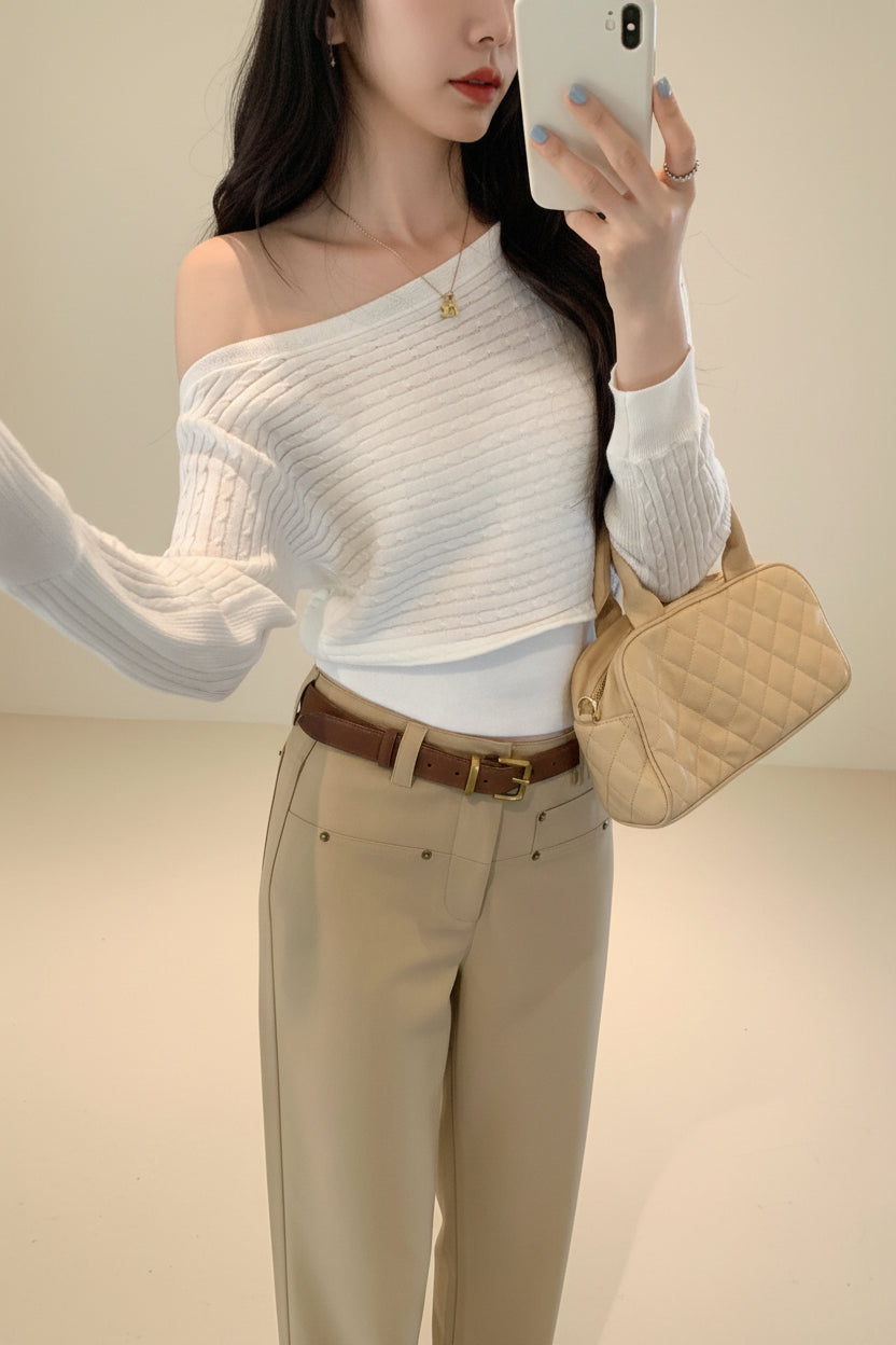 Off-Shoulder Chunky Cable Knit Sweater — View 3