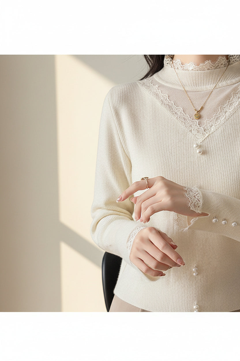 Chiffon-Trim Long Sleeve Knit Sweater — Detail View 3