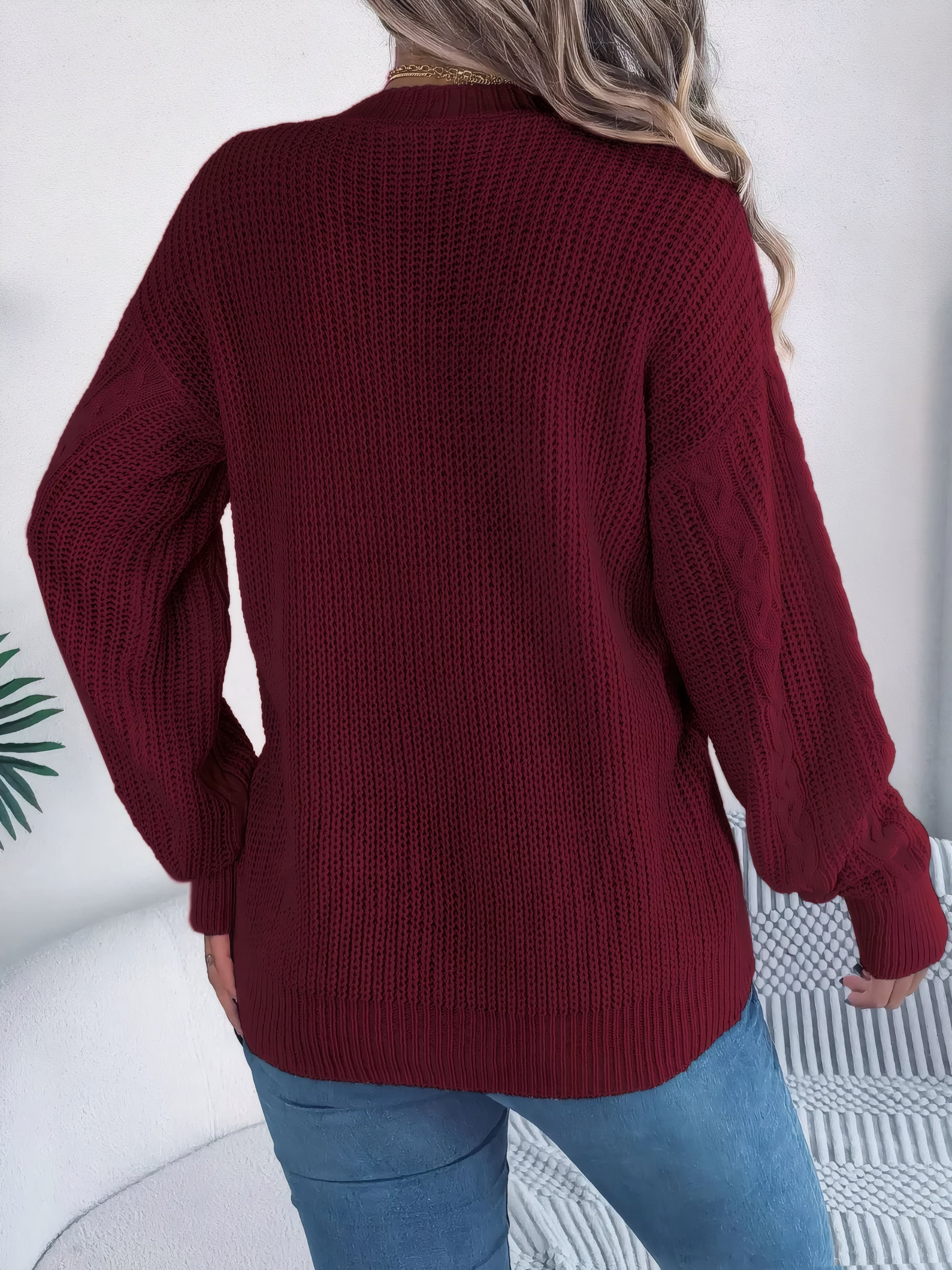 cable-knit V-neck cardigan #Color_Burgundy